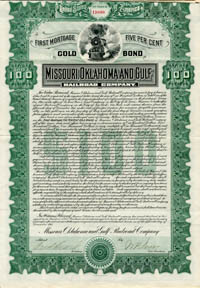 Missouri, Oklahoma and Gulf Railroad Co. - 1911 dated $100 Railway Gold Bond - French Translation at Back - Very Rare